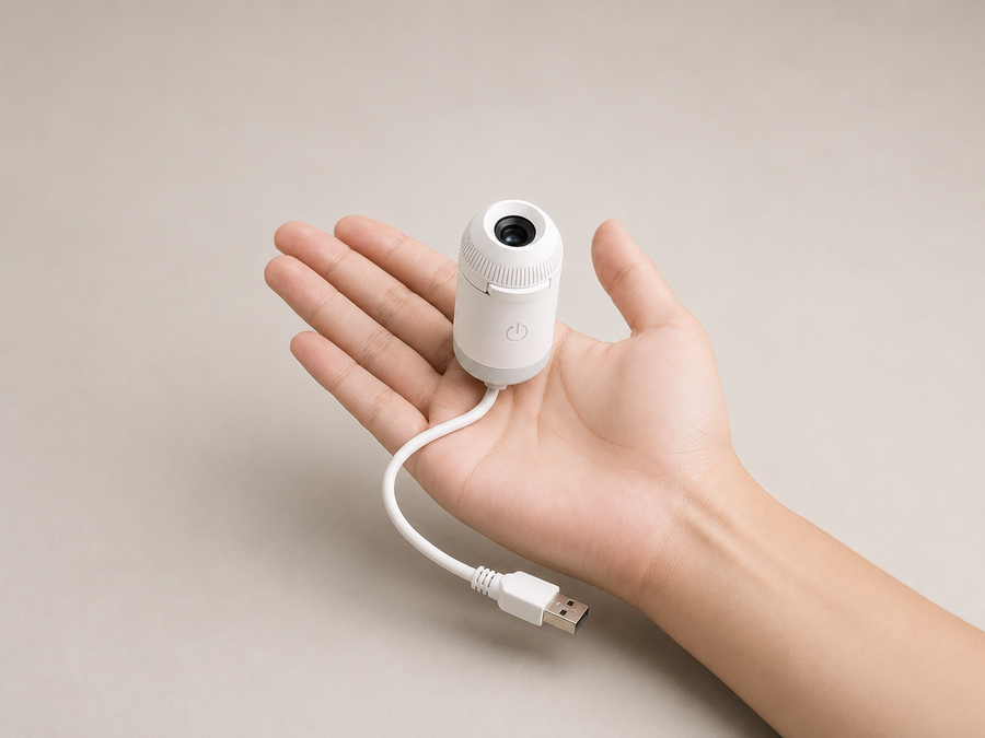 Projector held in a hand, for scale