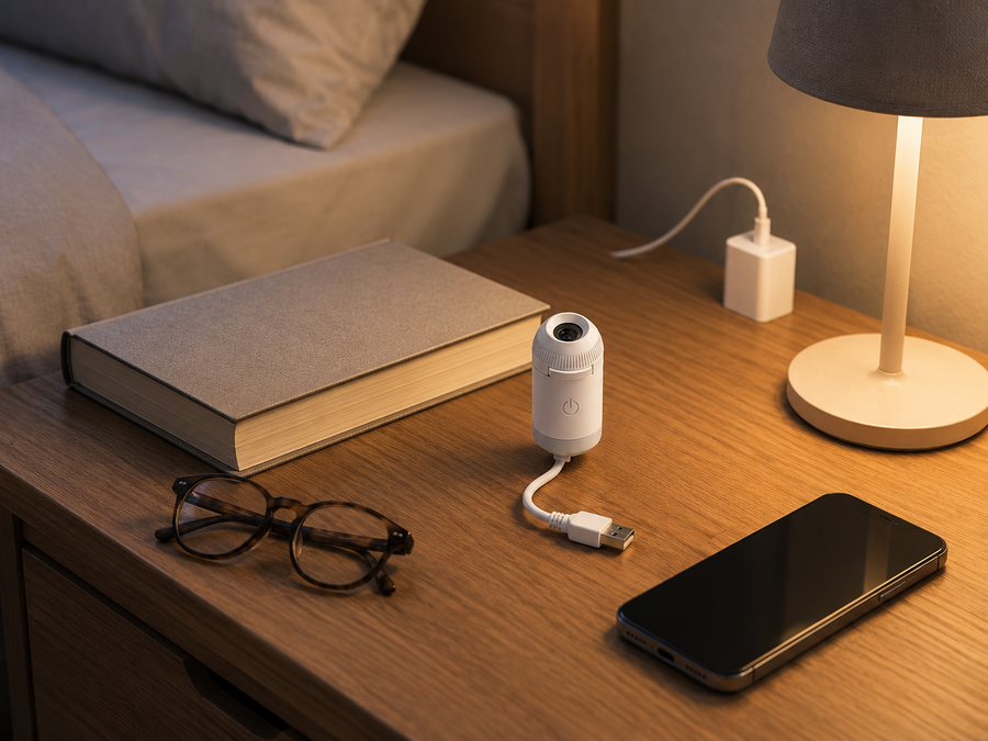 Projector sitting on a nightstand beside a lamp