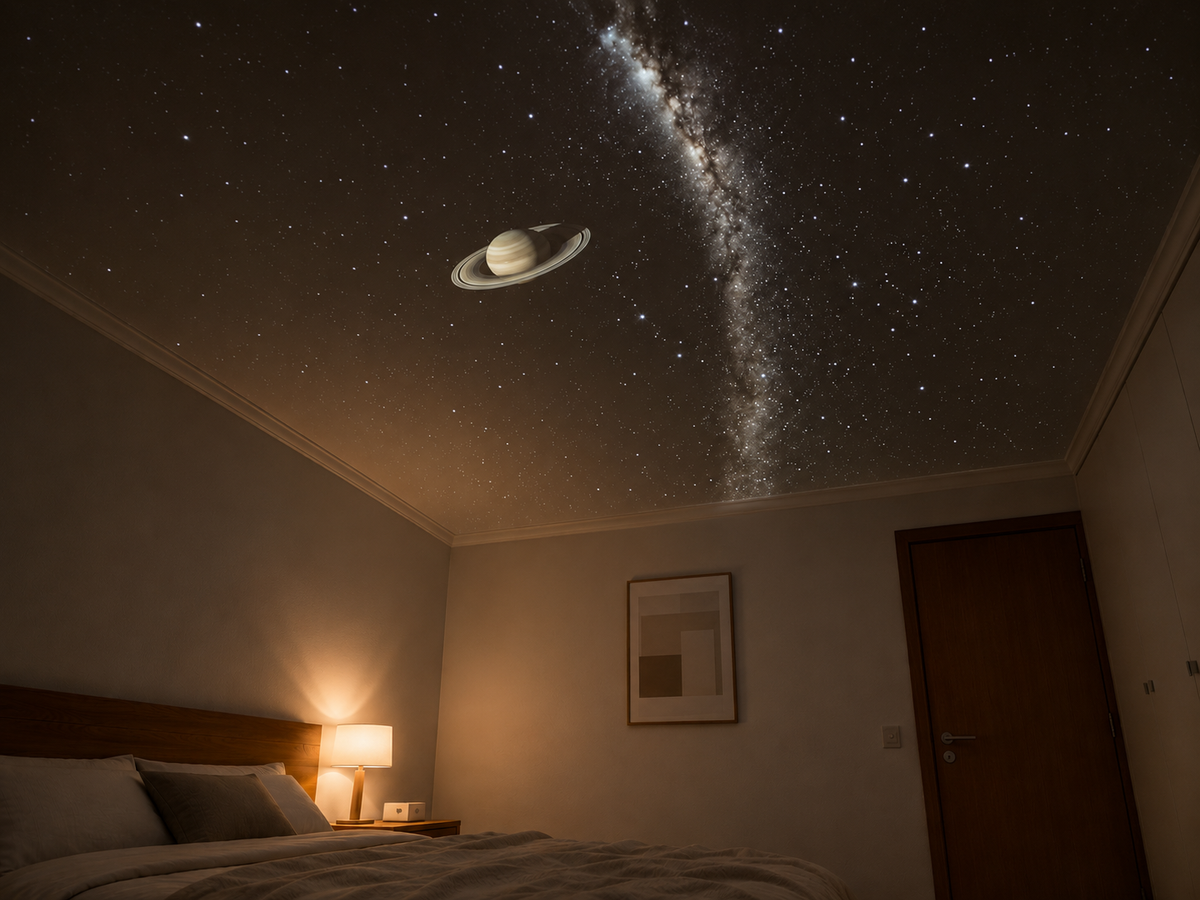 Saturn projected across bedroom ceiling
