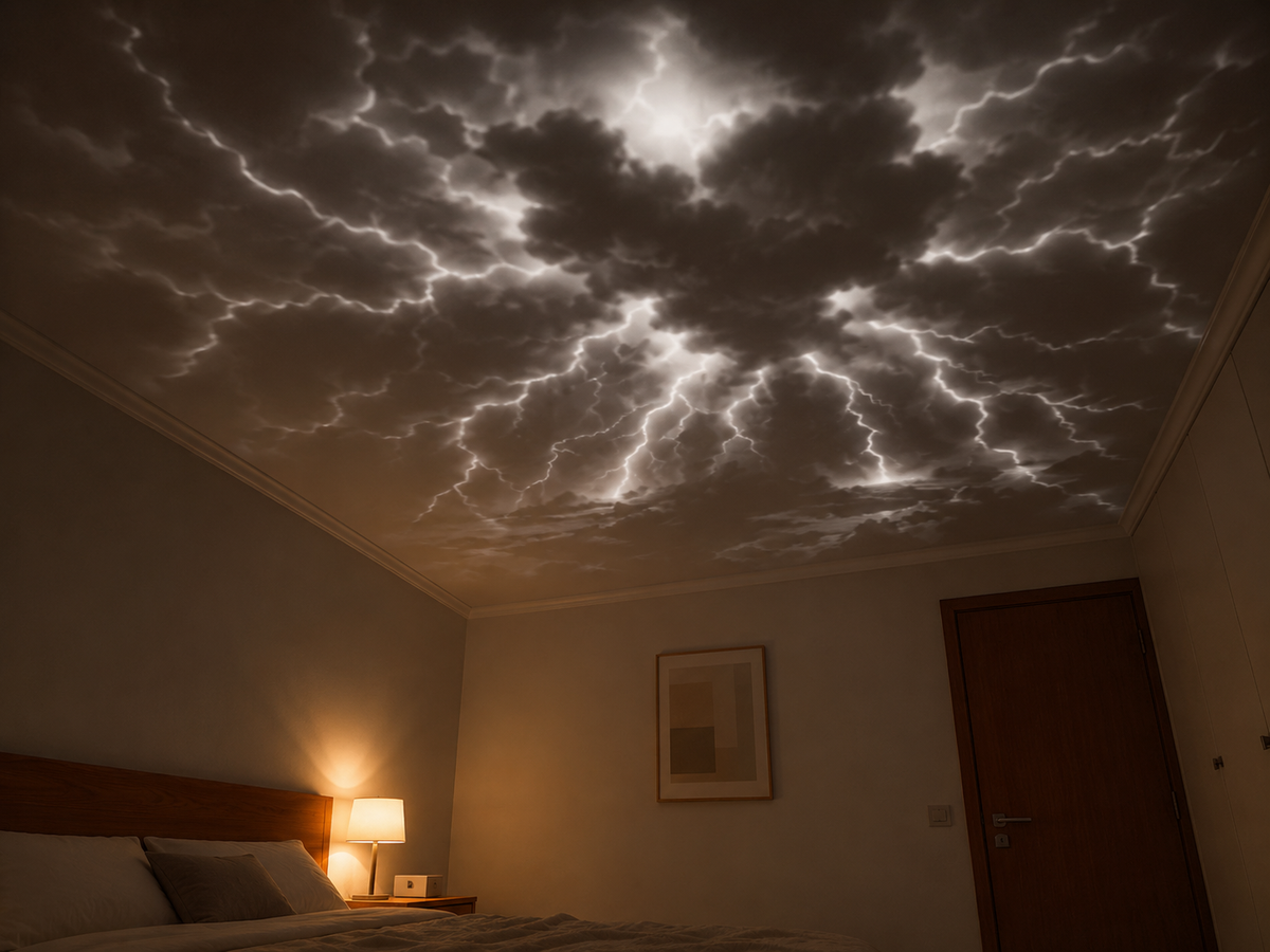 Thunderstorm projected across bedroom ceiling